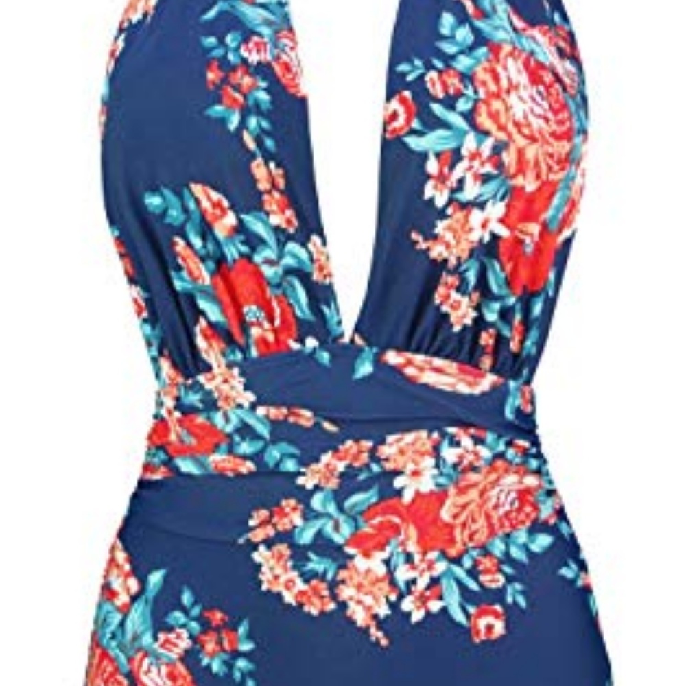 Floral plunging neckline high waisted swimsuit